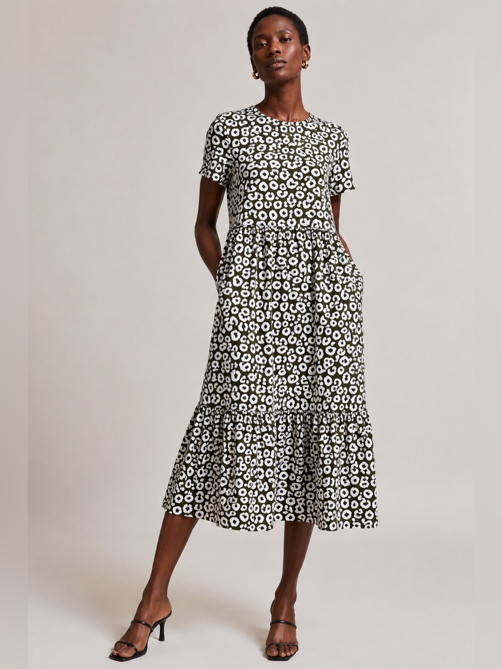 Boden Olive Green Abstract Leopard Print Tiered Midi Dress Pockets New US 8P